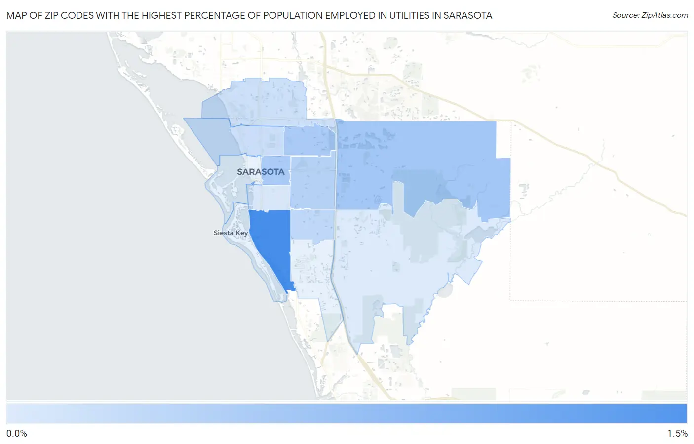 Zip Codes with the Highest Percentage of Population Employed in Utilities in Sarasota Map