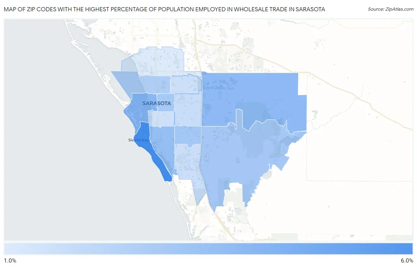 Zip Codes with the Highest Percentage of Population Employed in Wholesale Trade in Sarasota Map