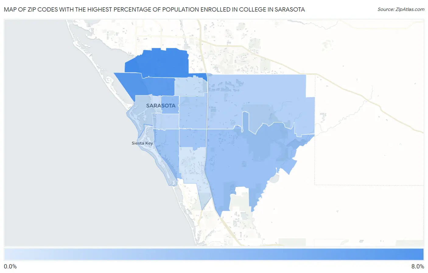 Zip Codes with the Highest Percentage of Population Enrolled in College in Sarasota Map