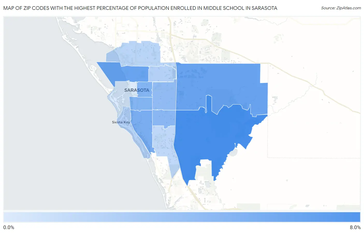 Zip Codes with the Highest Percentage of Population Enrolled in Middle School in Sarasota Map