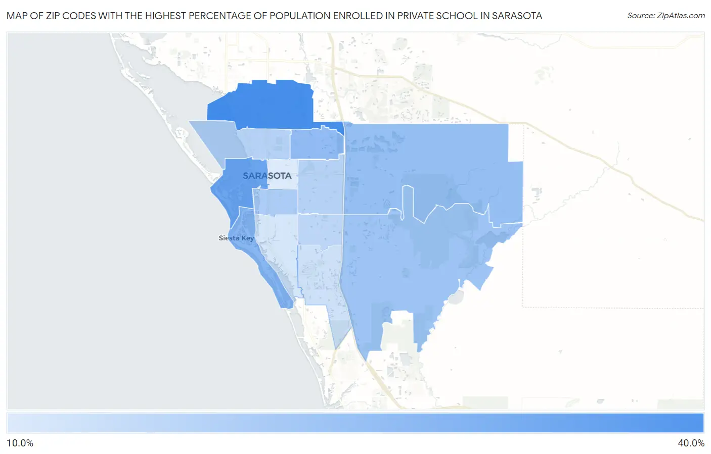 Zip Codes with the Highest Percentage of Population Enrolled in Private School in Sarasota Map