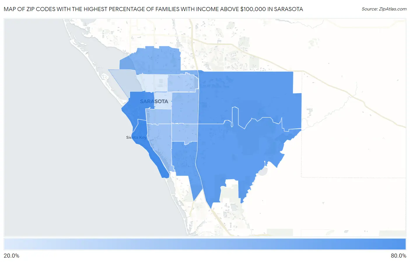 Zip Codes with the Highest Percentage of Families with Income Above $100,000 in Sarasota Map