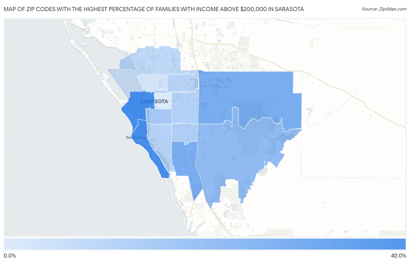 Zip Codes with the Highest Percentage of Families with Income Above $200,000 in Sarasota Map
