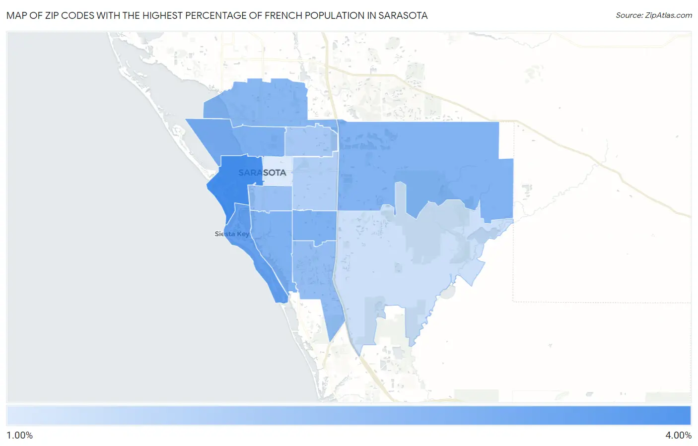 Zip Codes with the Highest Percentage of French Population in Sarasota Map