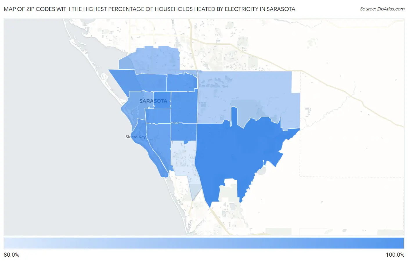 Zip Codes with the Highest Percentage of Households Heated by Electricity in Sarasota Map