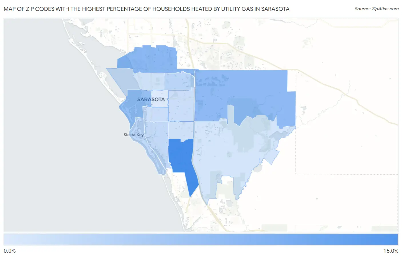 Zip Codes with the Highest Percentage of Households Heated by Utility Gas in Sarasota Map
