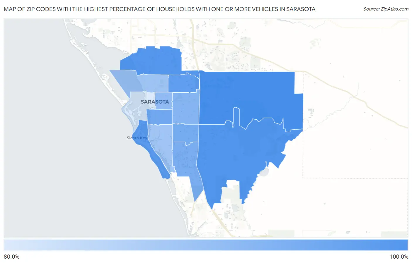 Zip Codes with the Highest Percentage of Households With One or more Vehicles in Sarasota Map