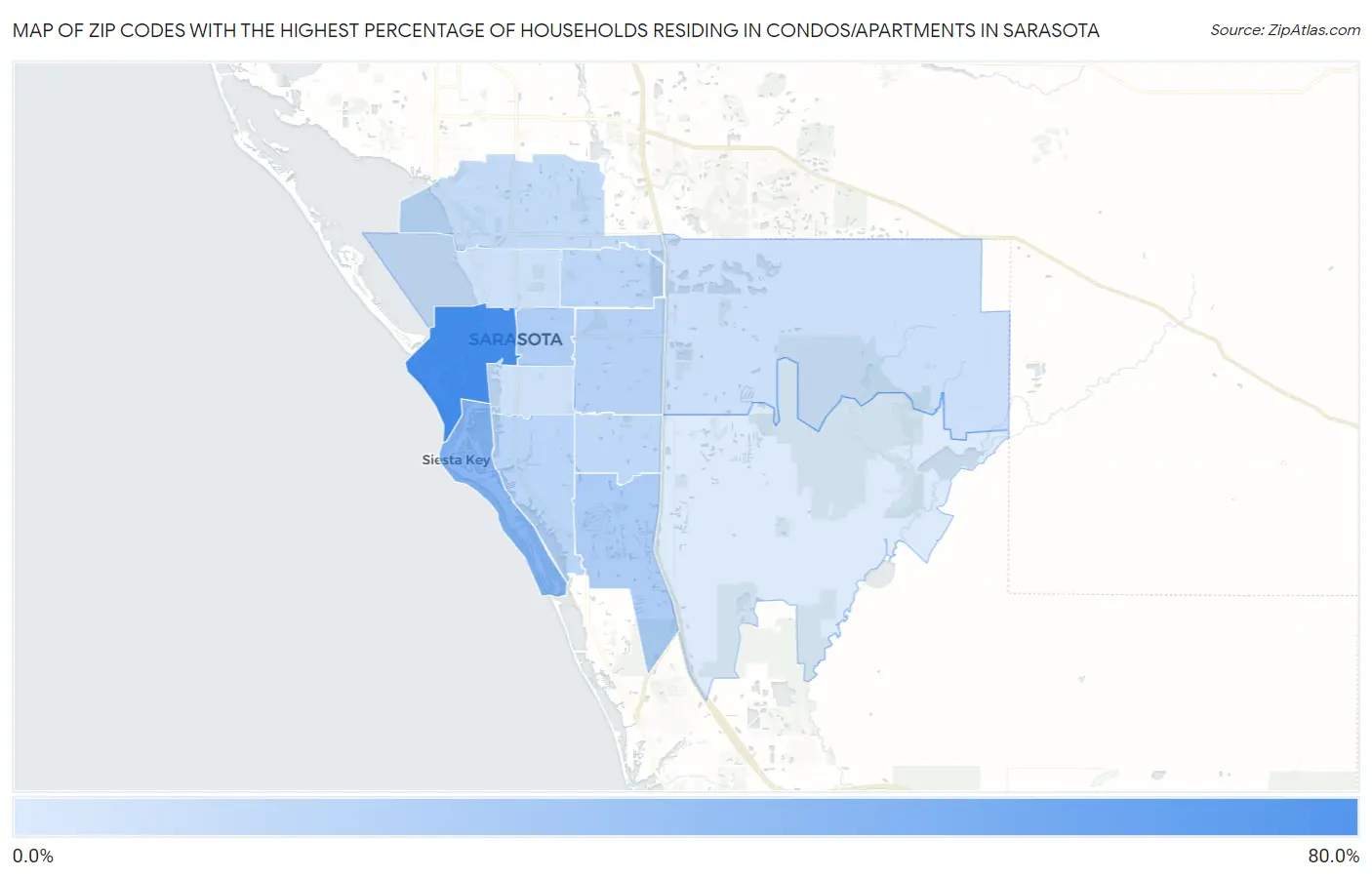 Zip Codes with the Highest Percentage of Households Residing in Condos/Apartments in Sarasota Map