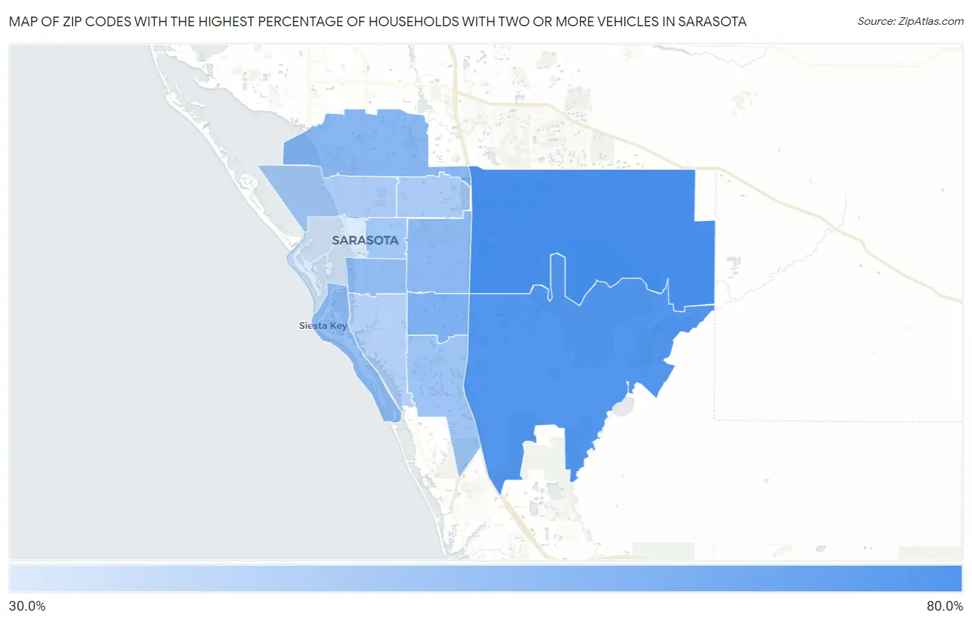 Zip Codes with the Highest Percentage of Households With Two or more Vehicles in Sarasota Map