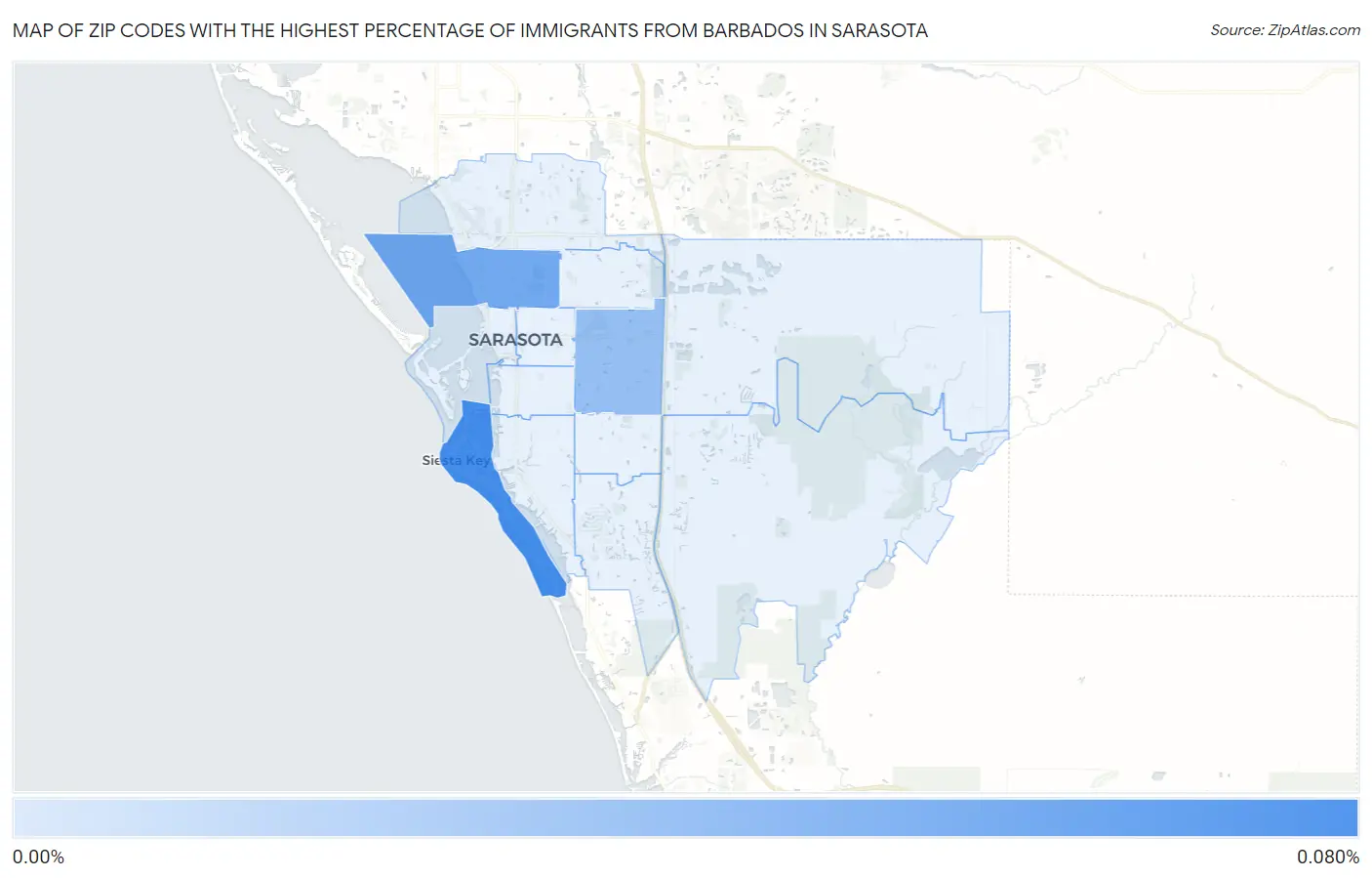 Zip Codes with the Highest Percentage of Immigrants from Barbados in Sarasota Map