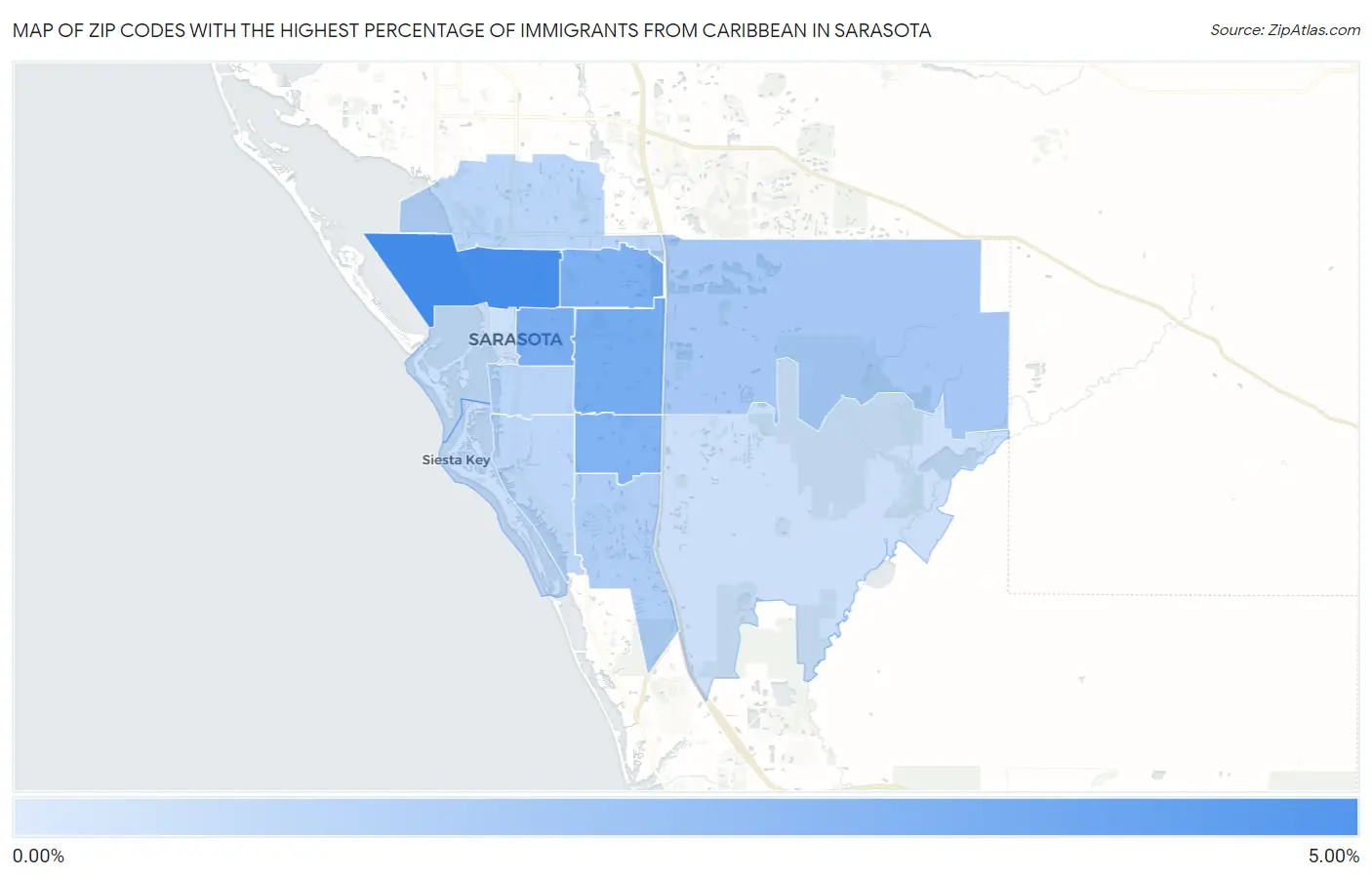 Zip Codes with the Highest Percentage of Immigrants from Caribbean in Sarasota Map