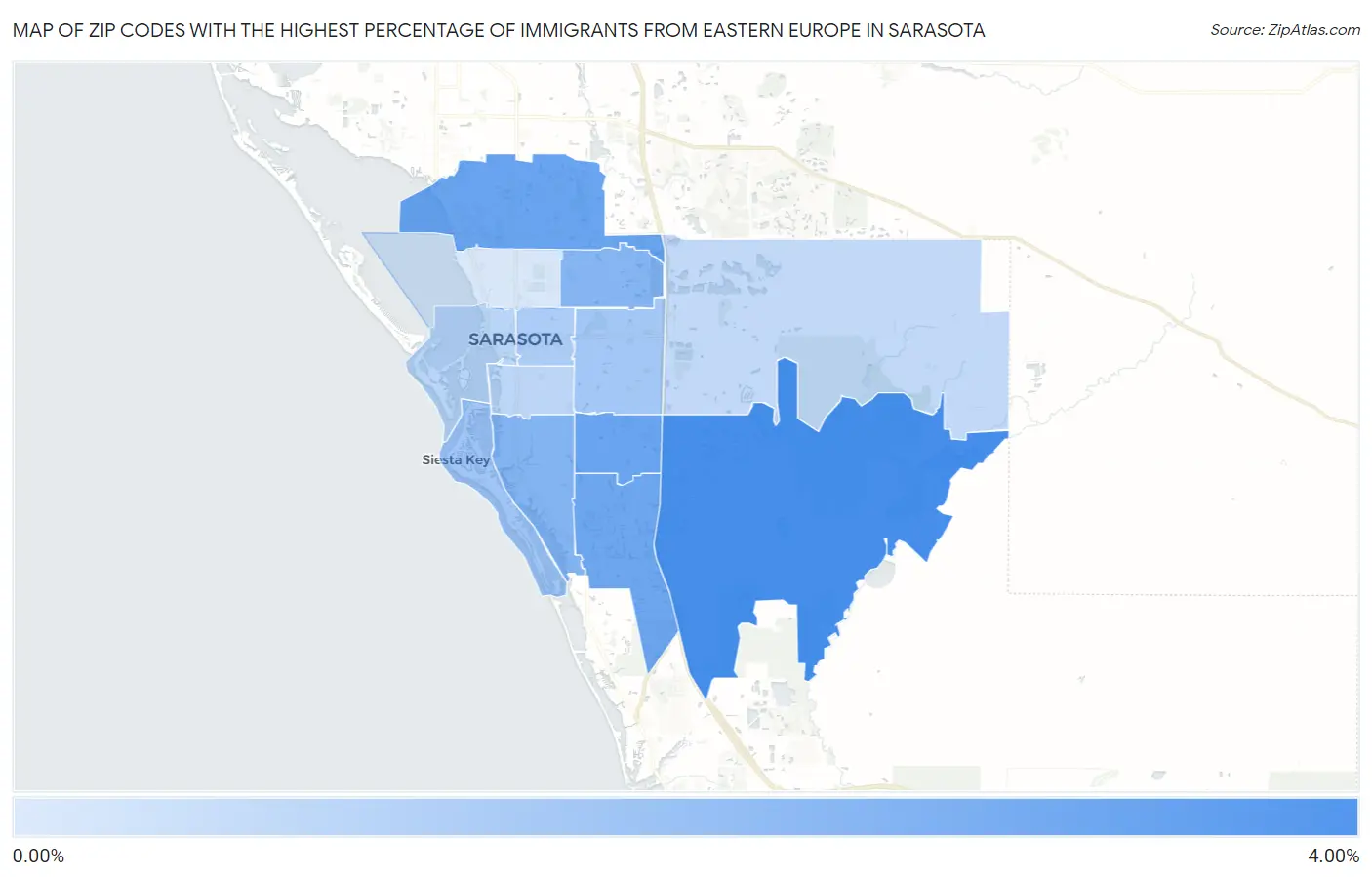 Zip Codes with the Highest Percentage of Immigrants from Eastern Europe in Sarasota Map