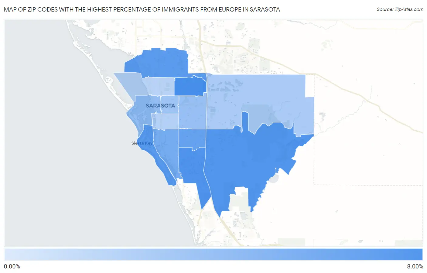 Zip Codes with the Highest Percentage of Immigrants from Europe in Sarasota Map