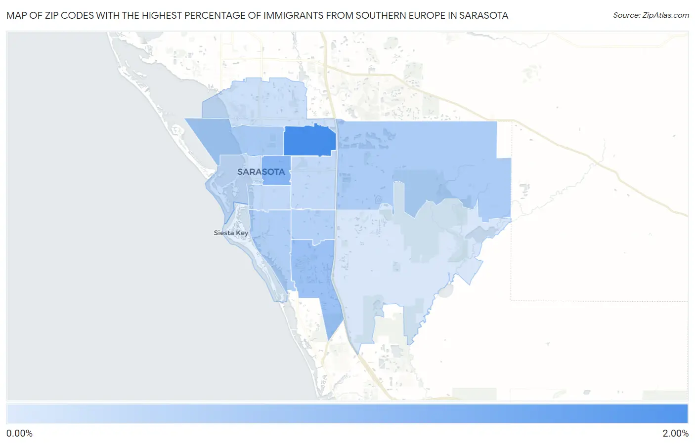 Zip Codes with the Highest Percentage of Immigrants from Southern Europe in Sarasota Map