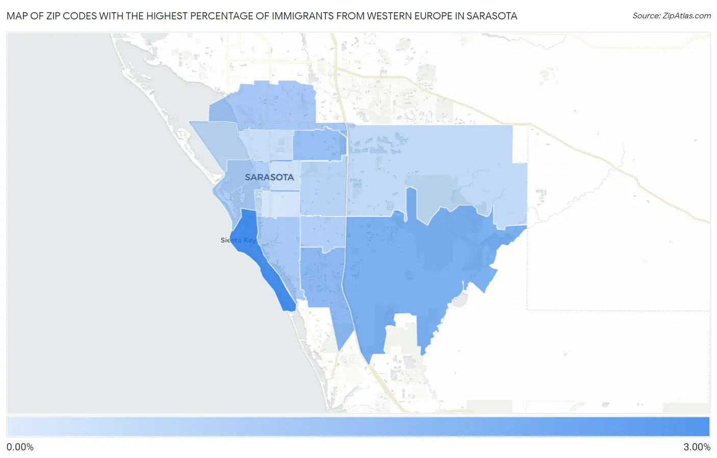 Zip Codes with the Highest Percentage of Immigrants from Western Europe in Sarasota Map