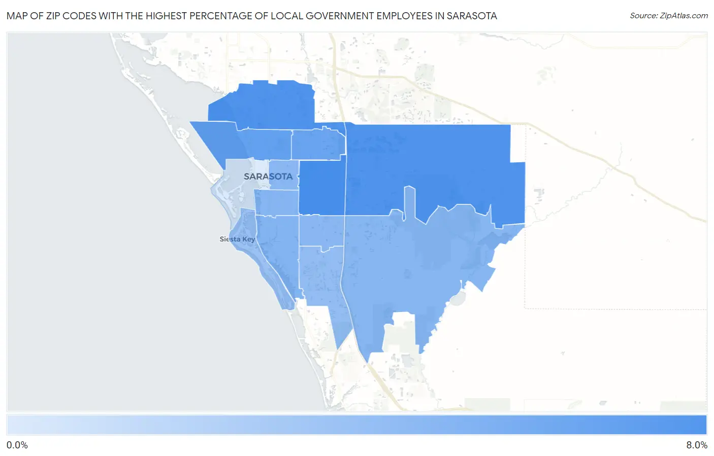 Zip Codes with the Highest Percentage of Local Government Employees in Sarasota Map