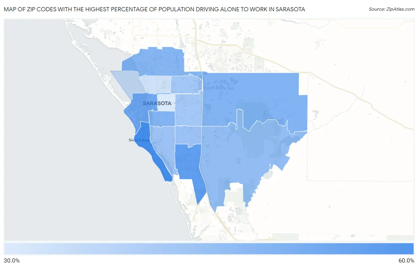 Zip Codes with the Highest Percentage of Population Driving Alone to Work in Sarasota Map