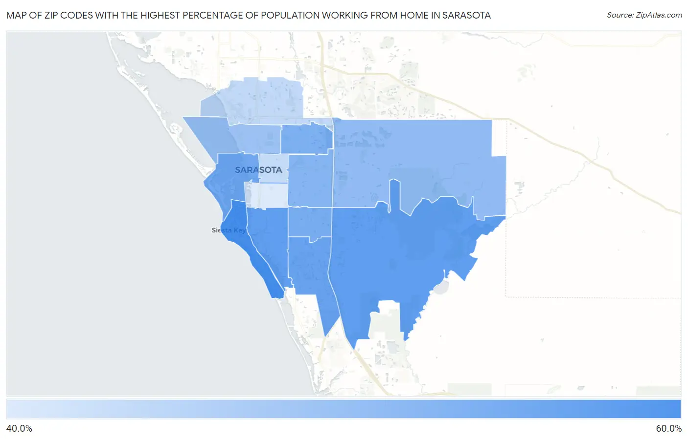 Zip Codes with the Highest Percentage of Population Working from Home in Sarasota Map