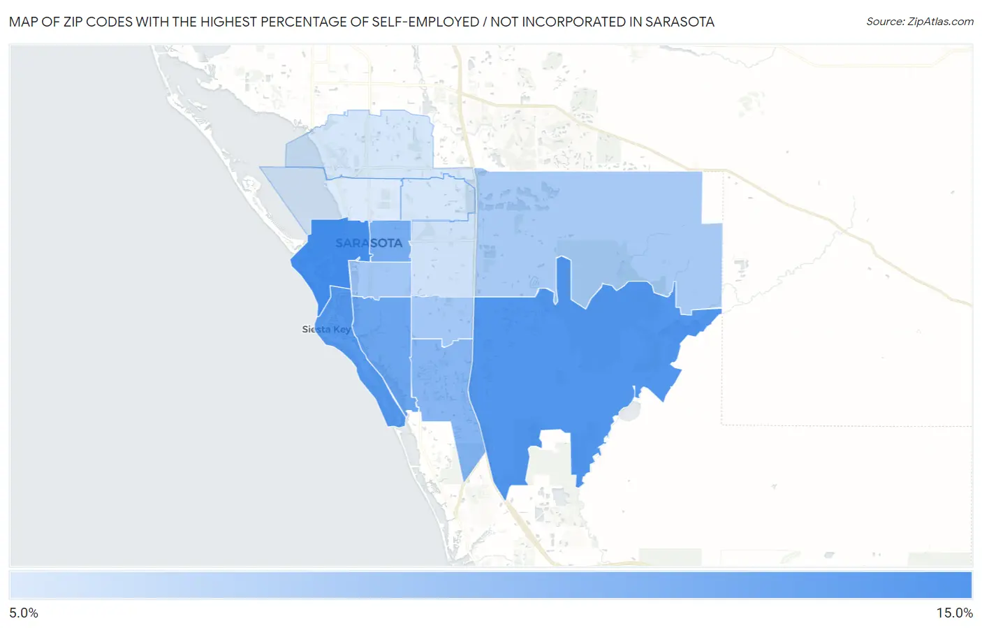 Zip Codes with the Highest Percentage of Self-Employed / Not Incorporated in Sarasota Map