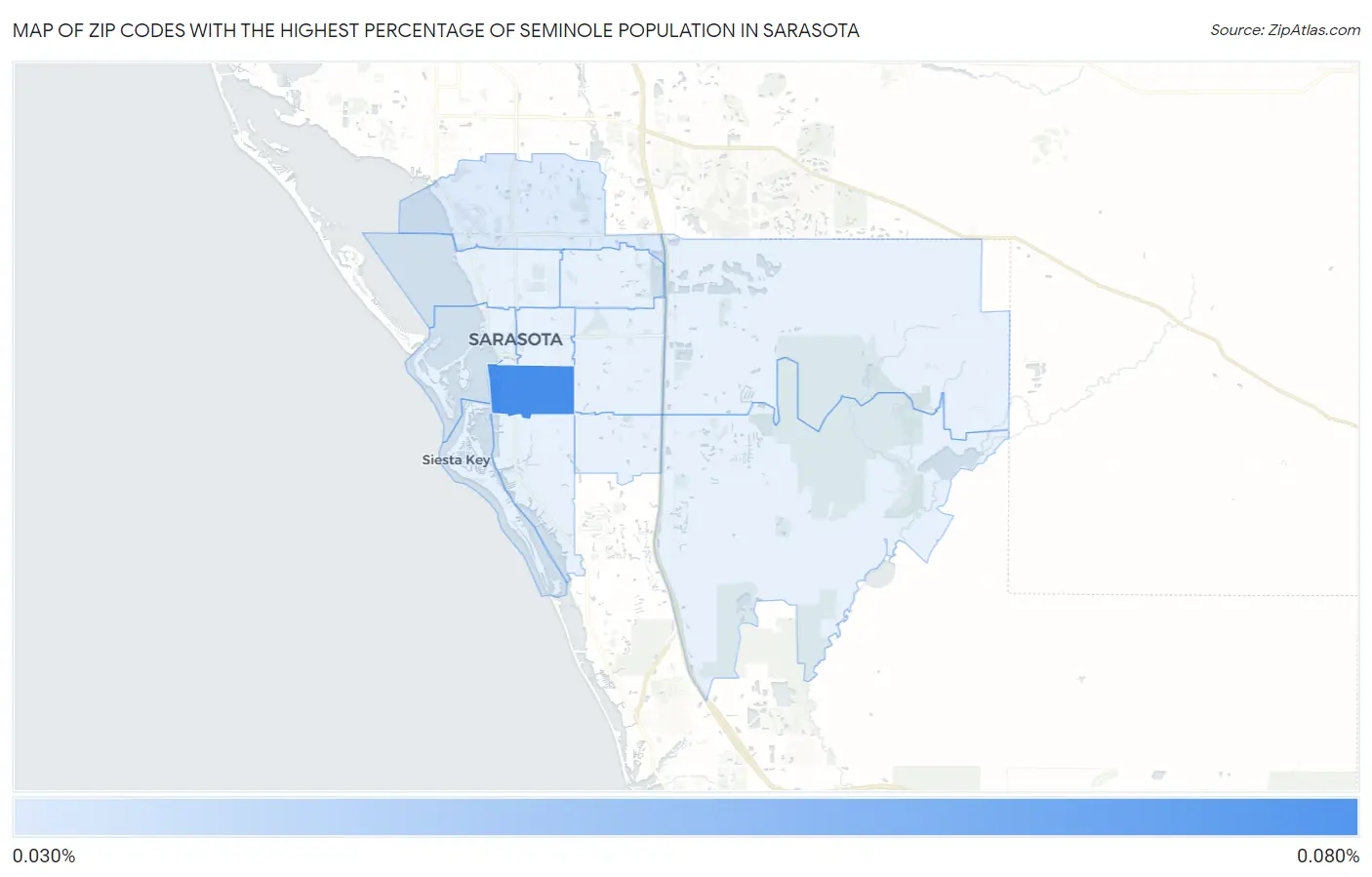 Zip Codes with the Highest Percentage of Seminole Population in Sarasota Map