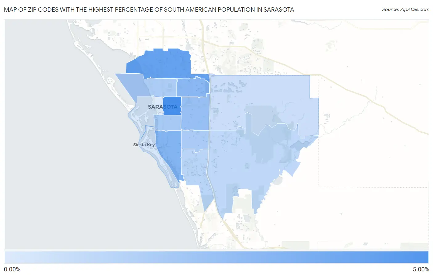 Zip Codes with the Highest Percentage of South American Population in Sarasota Map