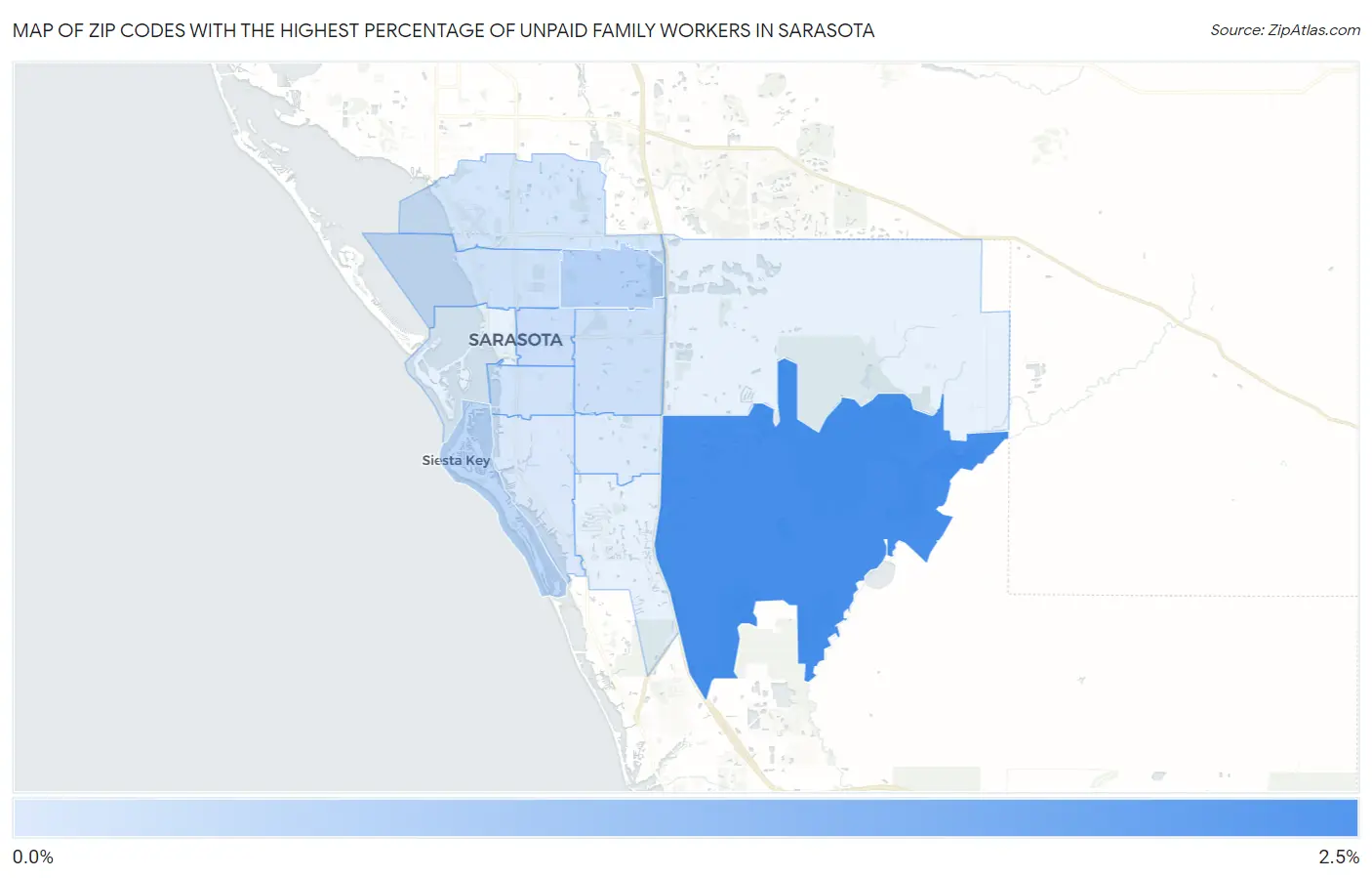 Zip Codes with the Highest Percentage of Unpaid Family Workers in Sarasota Map