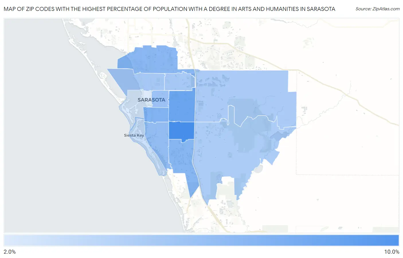 Zip Codes with the Highest Percentage of Population with a Degree in Arts and Humanities in Sarasota Map