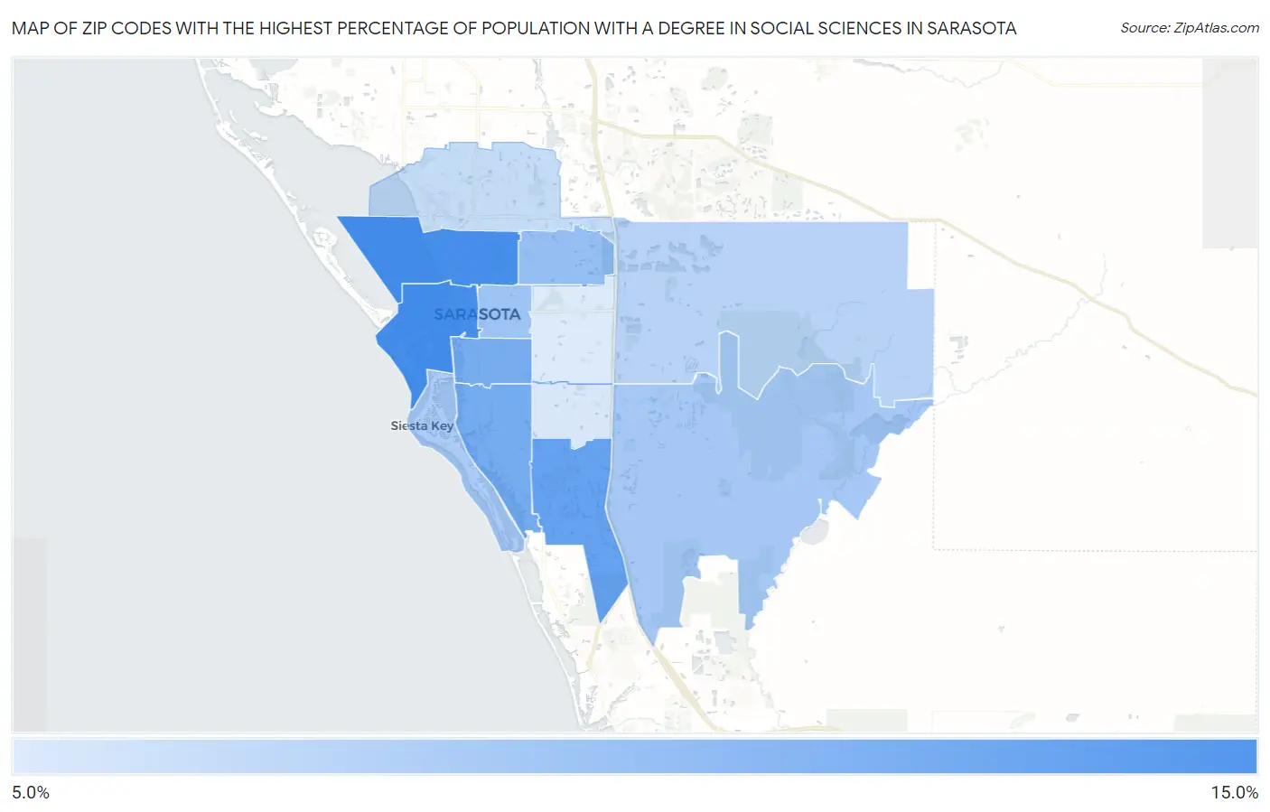 Zip Codes with the Highest Percentage of Population with a Degree in Social Sciences in Sarasota Map