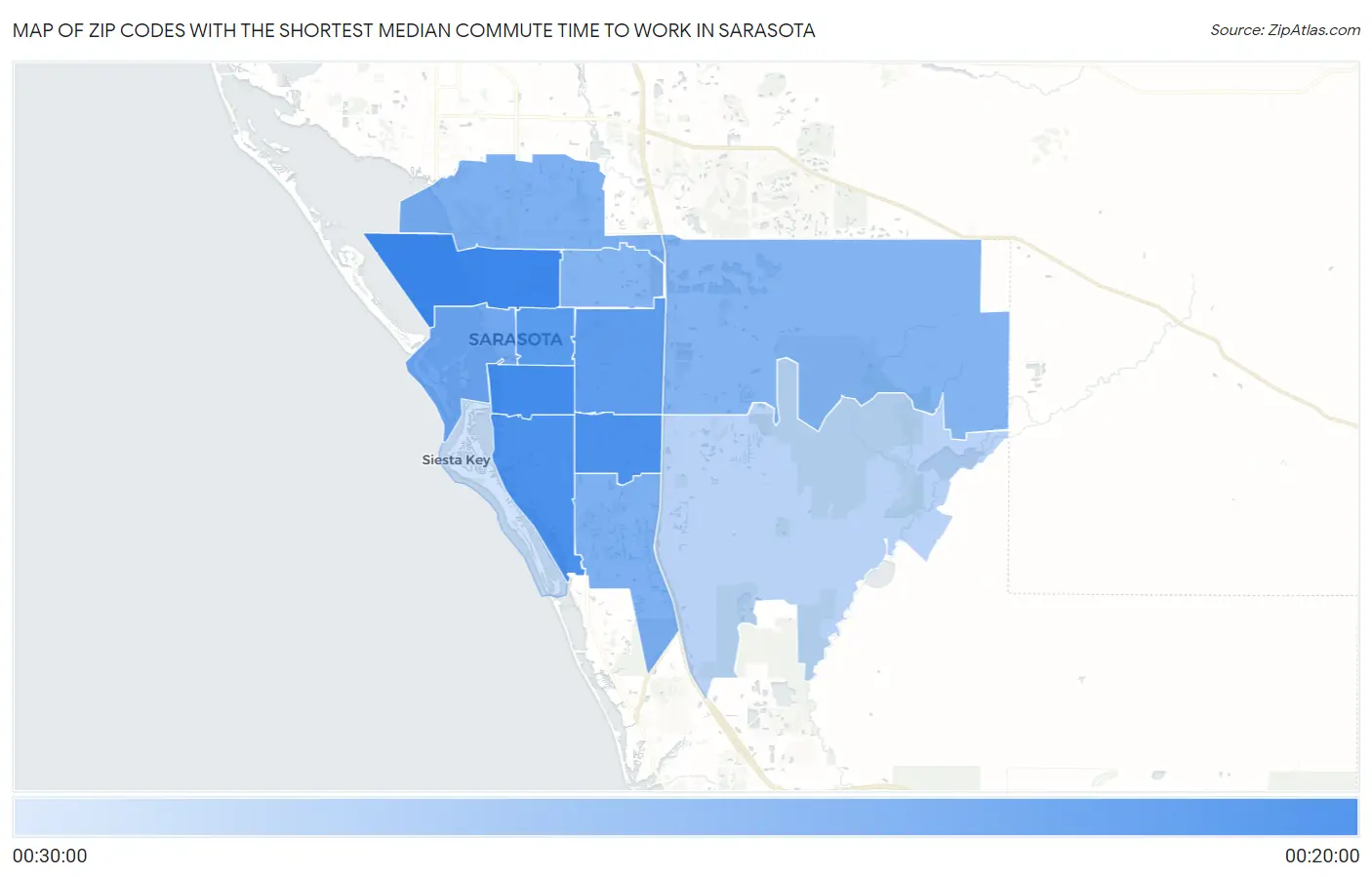 Zip Codes with the Shortest Median Commute Time to Work in Sarasota Map