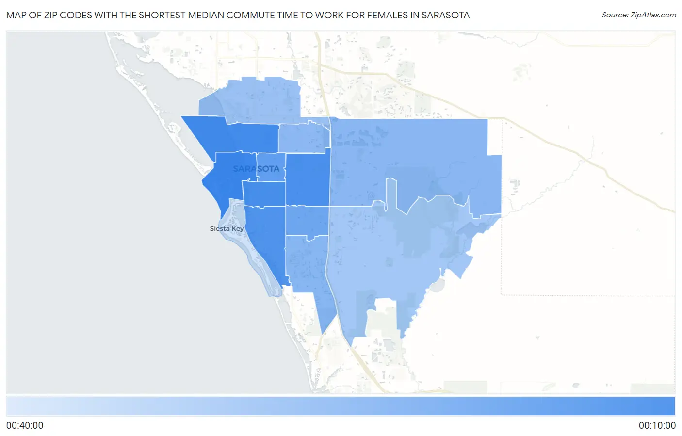 Zip Codes with the Shortest Median Commute Time to Work for Females in Sarasota Map