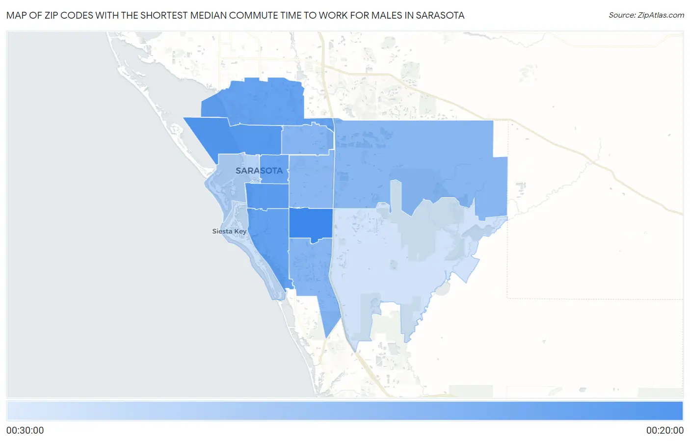 Zip Codes with the Shortest Median Commute Time to Work for Males in Sarasota Map