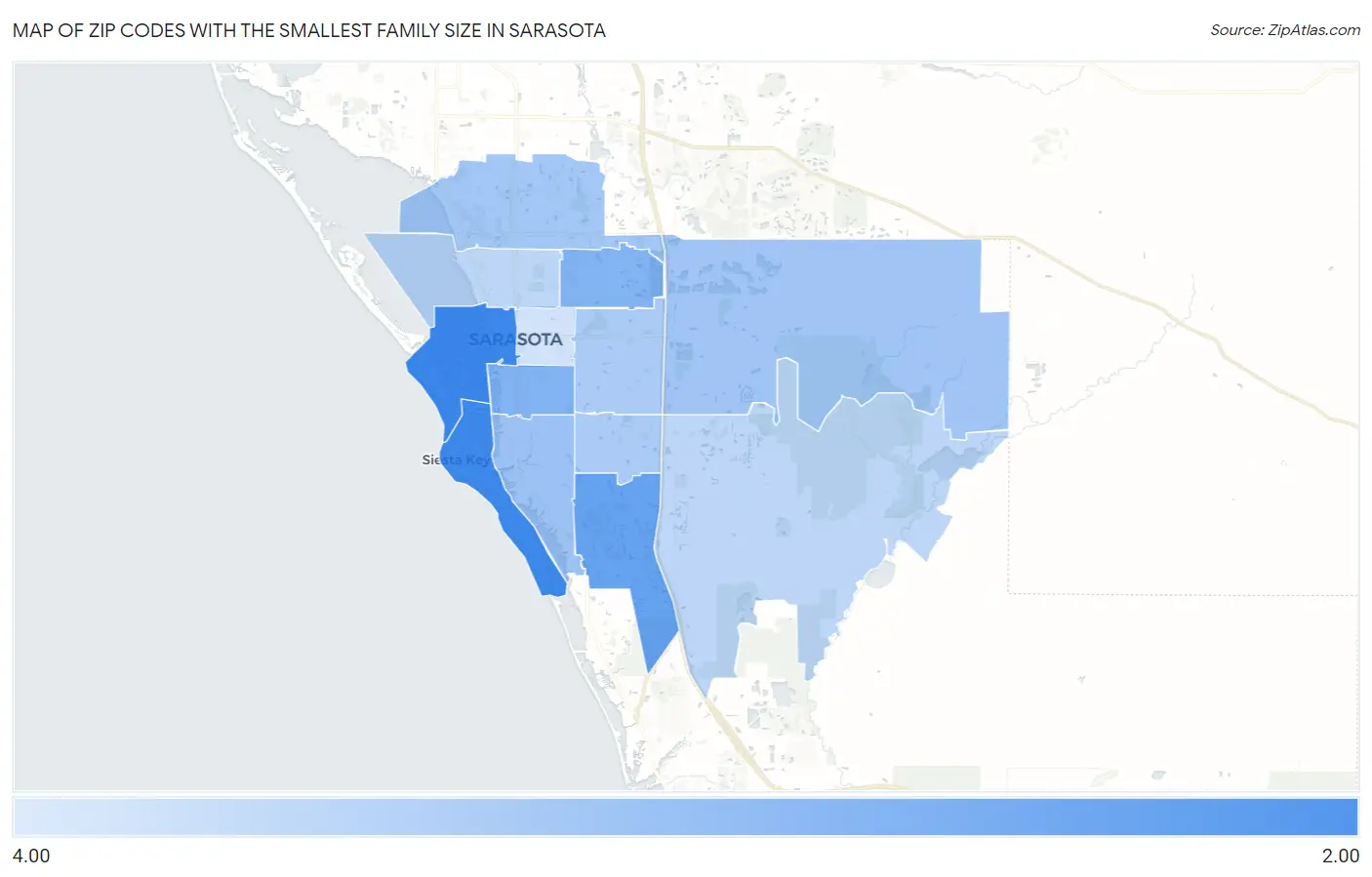 Zip Codes with the Smallest Family Size in Sarasota Map