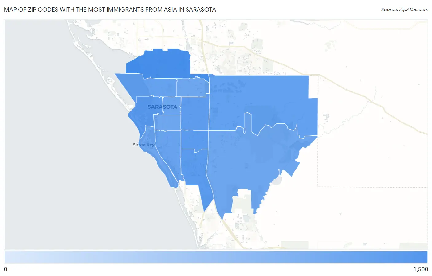 Zip Codes with the Most Immigrants from Asia in Sarasota Map