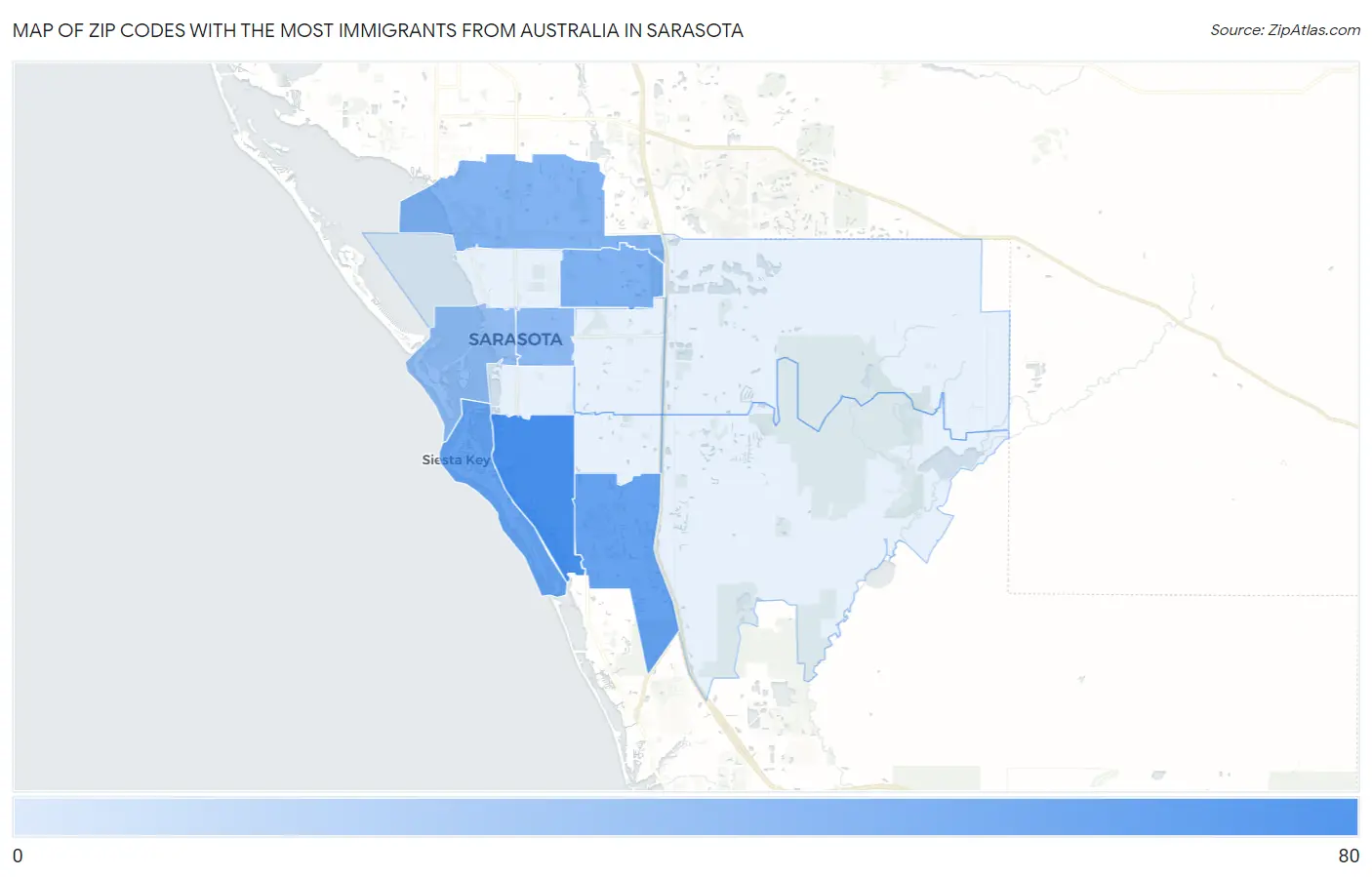 Zip Codes with the Most Immigrants from Australia in Sarasota Map