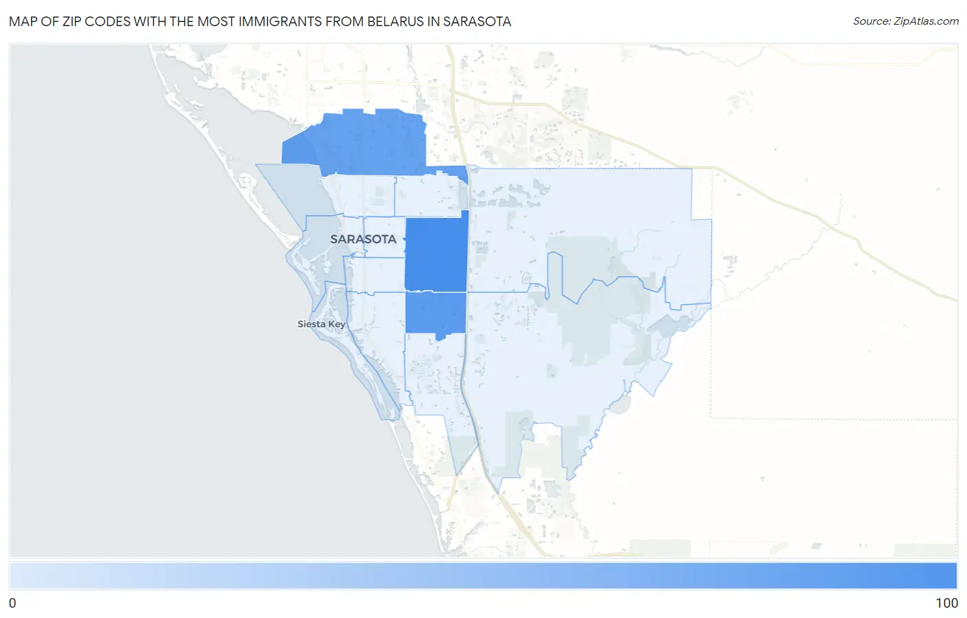 Zip Codes with the Most Immigrants from Belarus in Sarasota Map