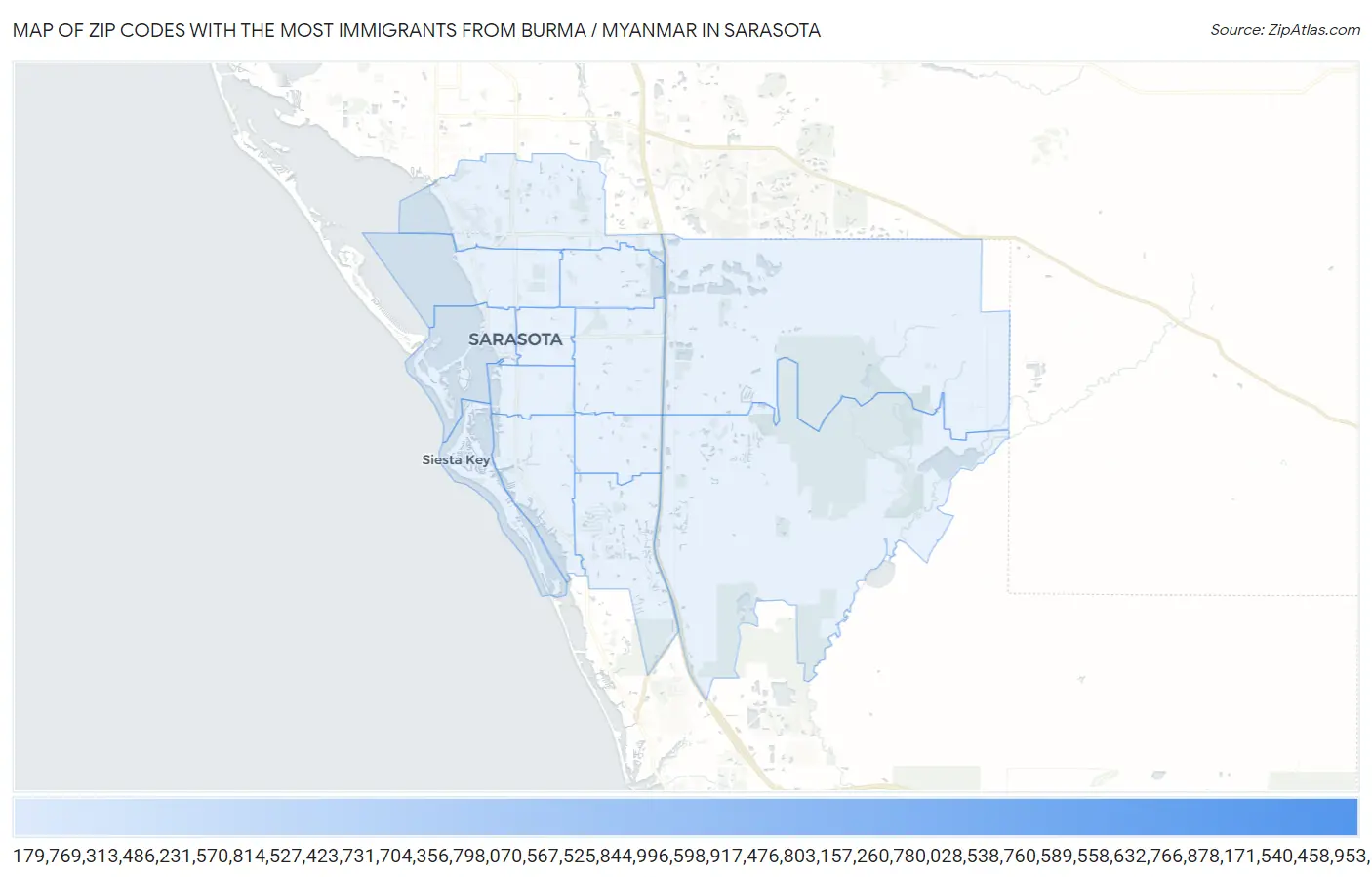 Zip Codes with the Most Immigrants from Burma / Myanmar in Sarasota Map