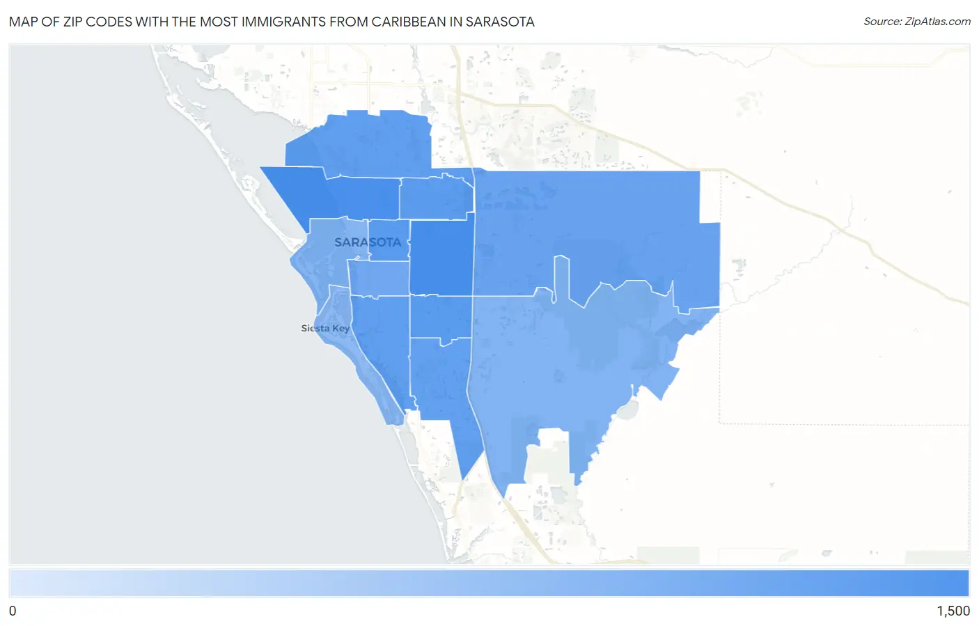 Zip Codes with the Most Immigrants from Caribbean in Sarasota Map
