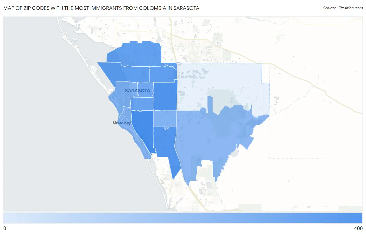 Zip Codes with the Most Immigrants from Colombia in Sarasota Map