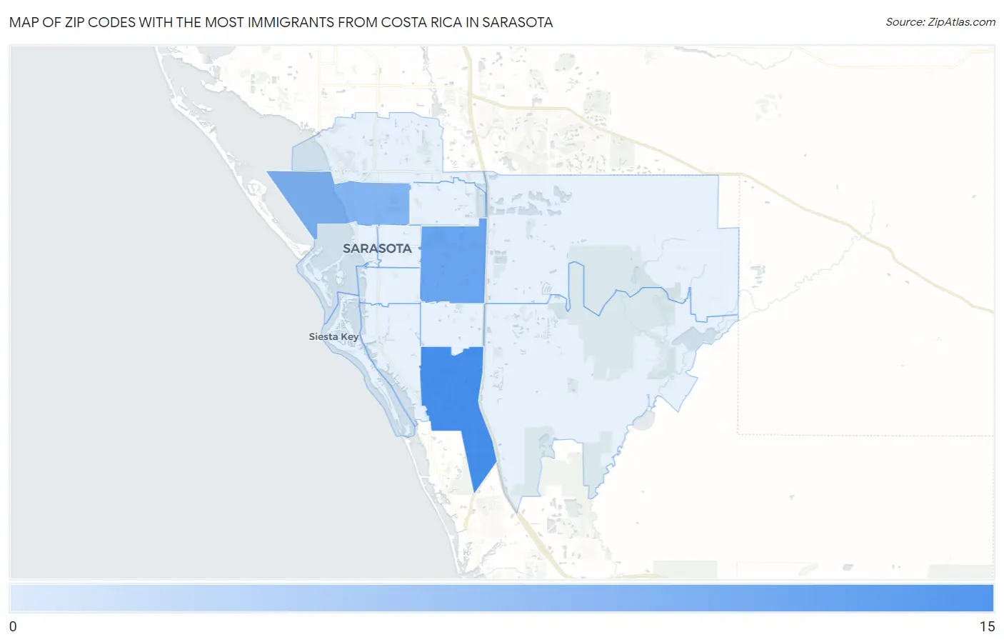 Zip Codes with the Most Immigrants from Costa Rica in Sarasota Map