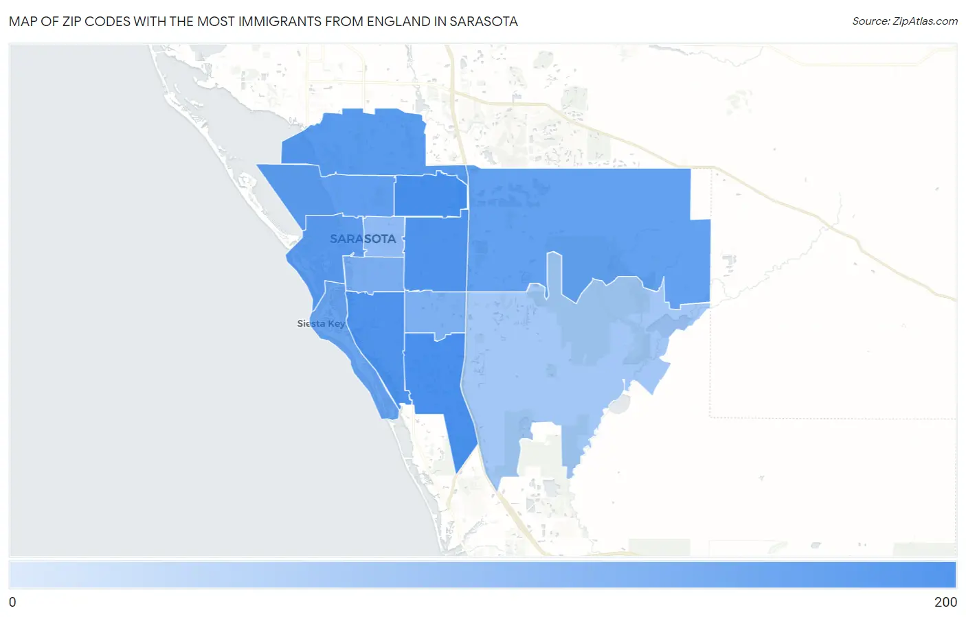 Zip Codes with the Most Immigrants from England in Sarasota Map