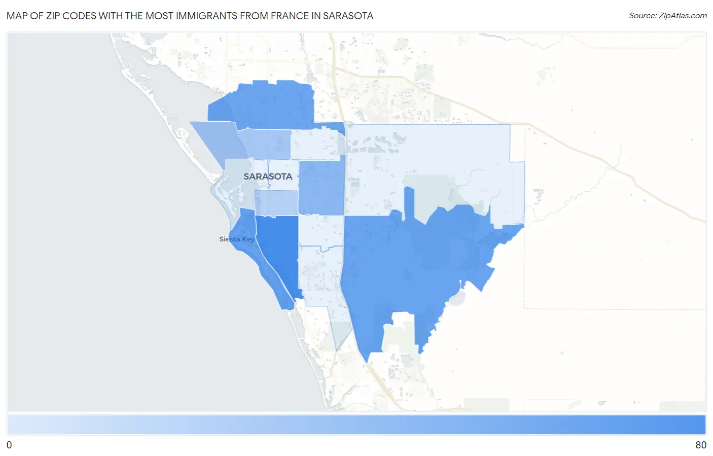 Zip Codes with the Most Immigrants from France in Sarasota Map