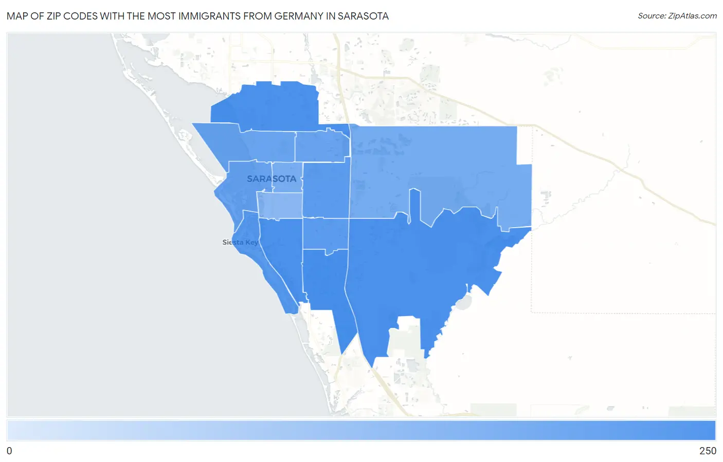Zip Codes with the Most Immigrants from Germany in Sarasota Map