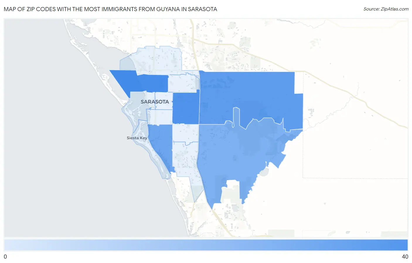 Zip Codes with the Most Immigrants from Guyana in Sarasota Map