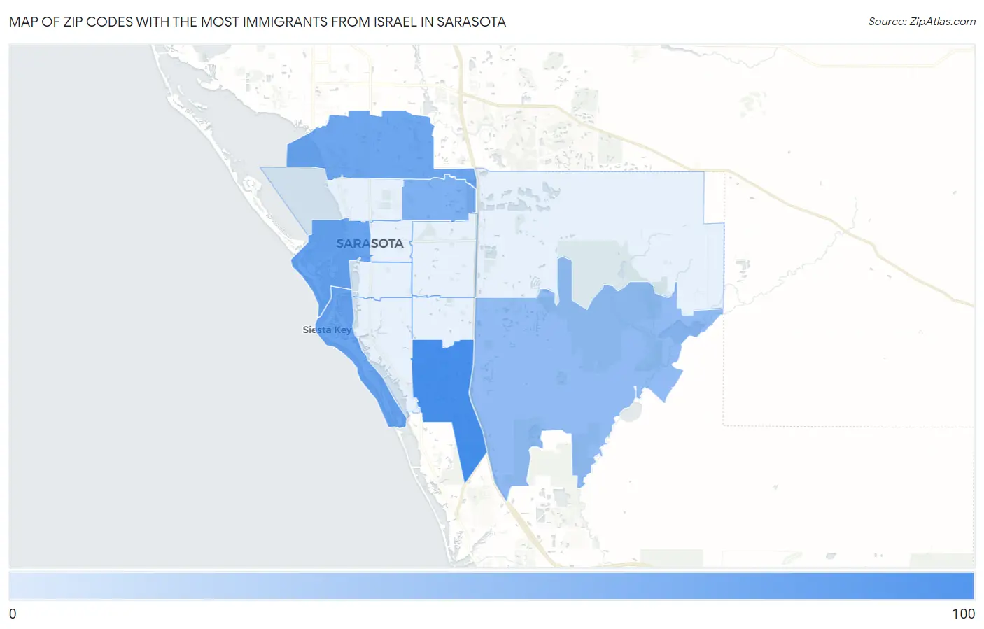 Zip Codes with the Most Immigrants from Israel in Sarasota Map