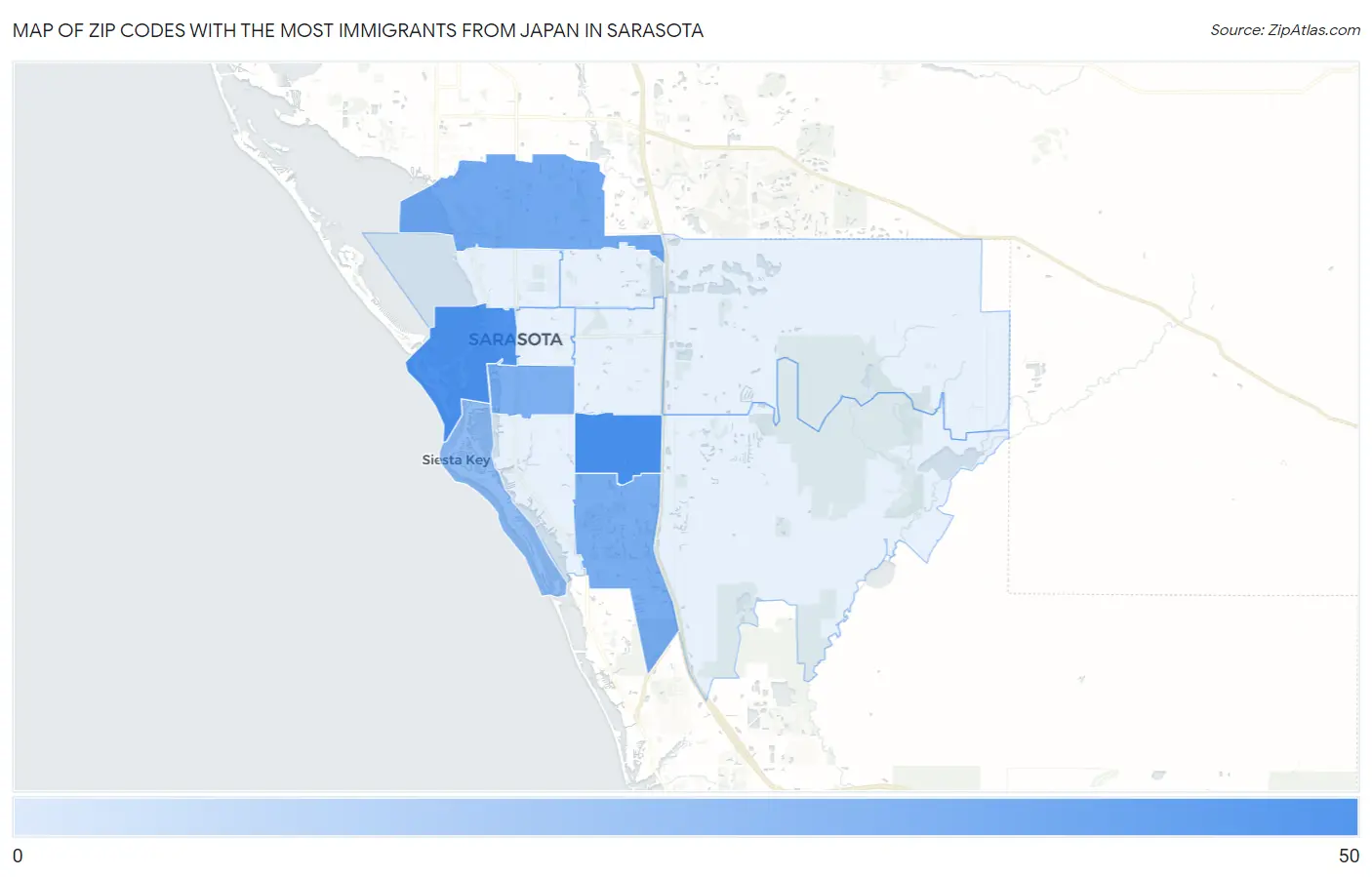 Zip Codes with the Most Immigrants from Japan in Sarasota Map