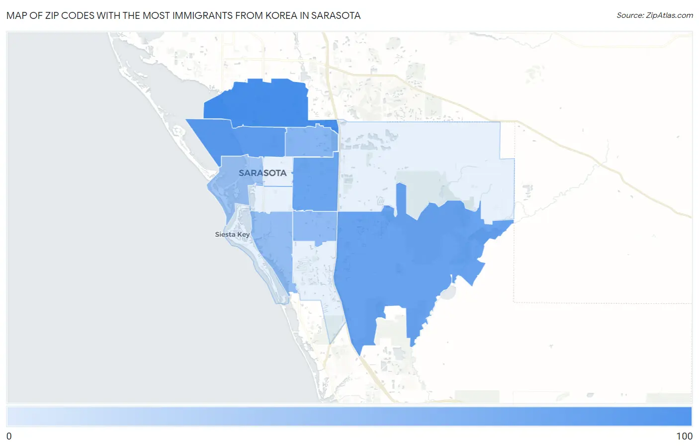 Zip Codes with the Most Immigrants from Korea in Sarasota Map