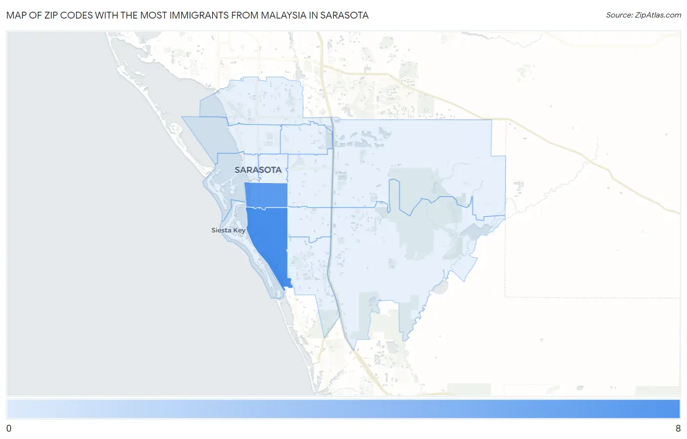 Zip Codes with the Most Immigrants from Malaysia in Sarasota Map