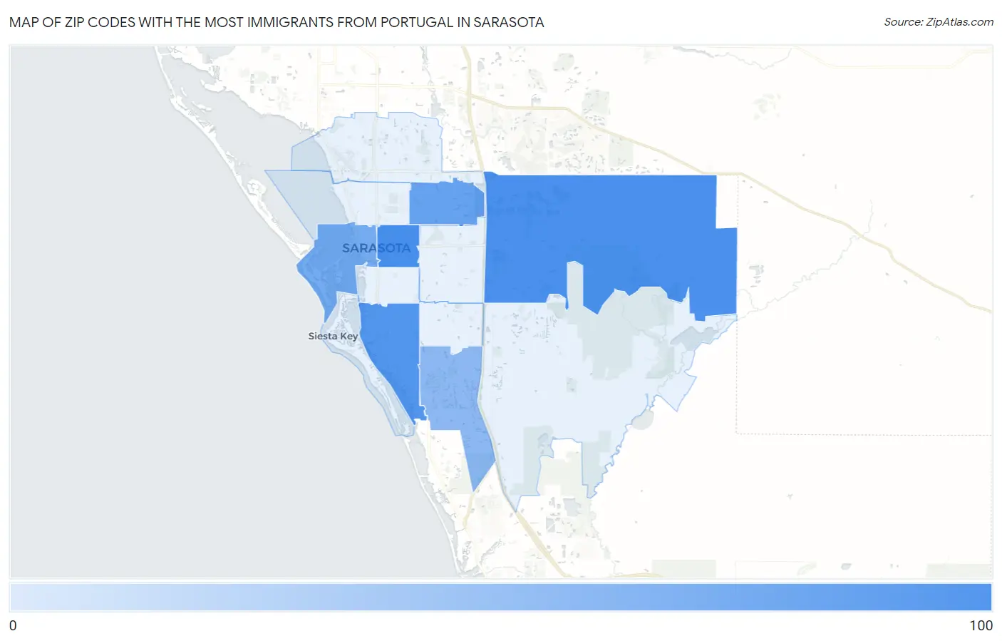 Zip Codes with the Most Immigrants from Portugal in Sarasota Map