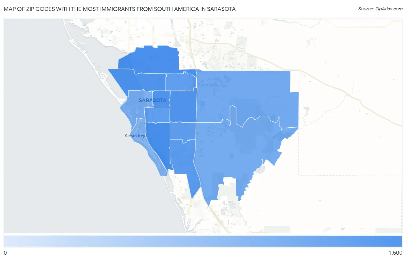 Zip Codes with the Most Immigrants from South America in Sarasota Map