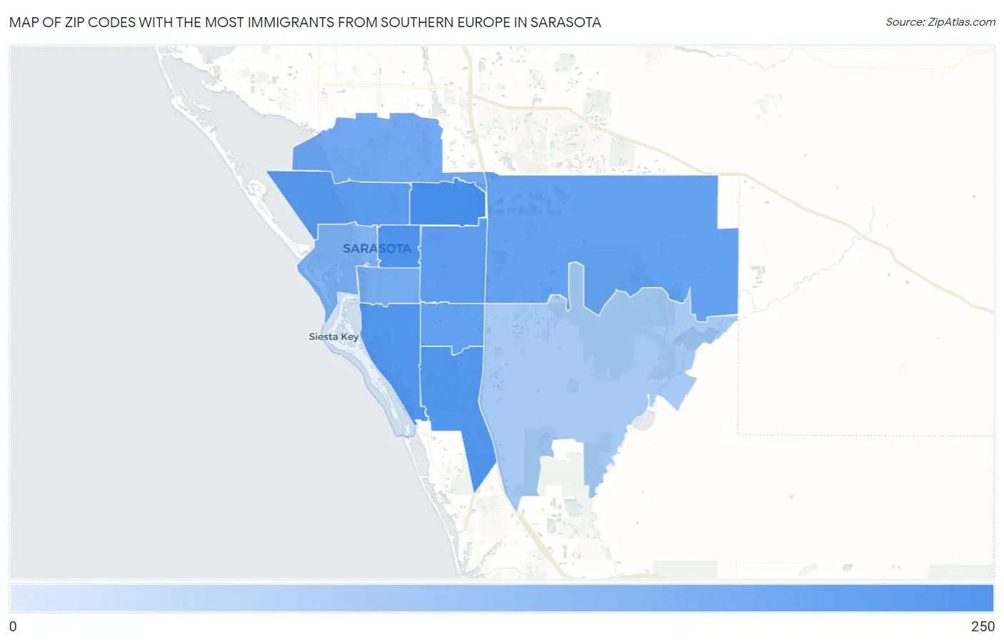 Zip Codes with the Most Immigrants from Southern Europe in Sarasota Map